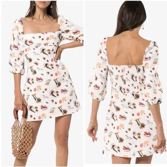Reformation Hampstead Linen Dress White Tropez Print Lobster